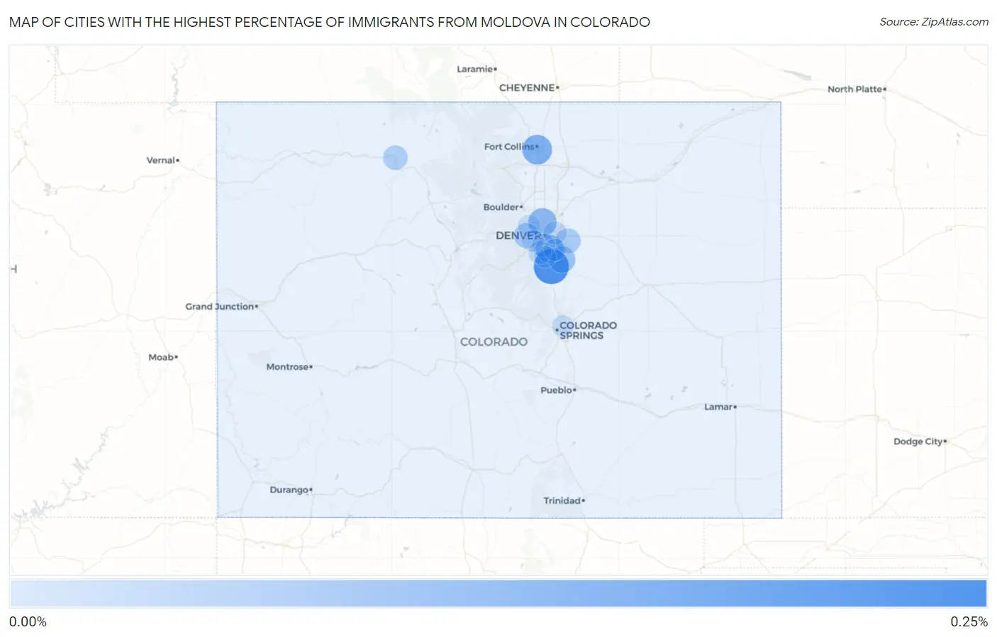 Cities with the Highest Percentage of Immigrants from Moldova in Colorado Map