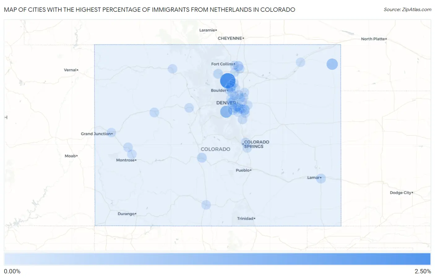 Cities with the Highest Percentage of Immigrants from Netherlands in Colorado Map