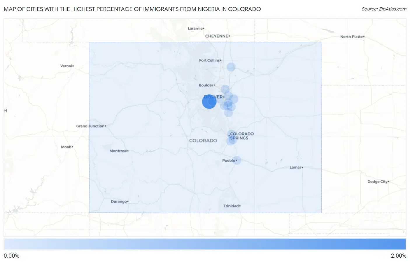 Cities with the Highest Percentage of Immigrants from Nigeria in Colorado Map
