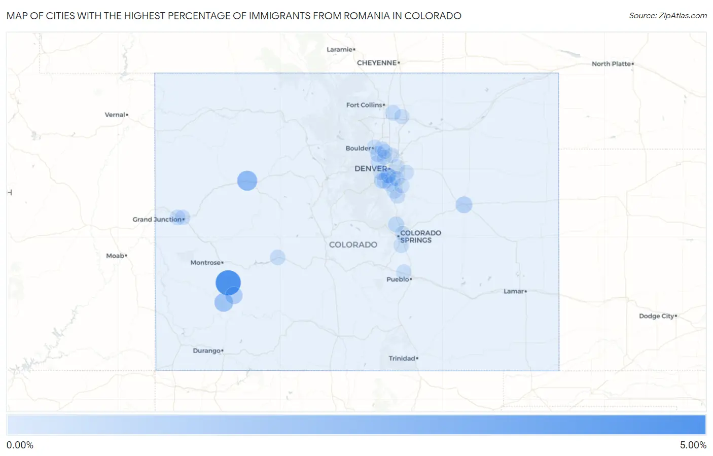 Cities with the Highest Percentage of Immigrants from Romania in Colorado Map
