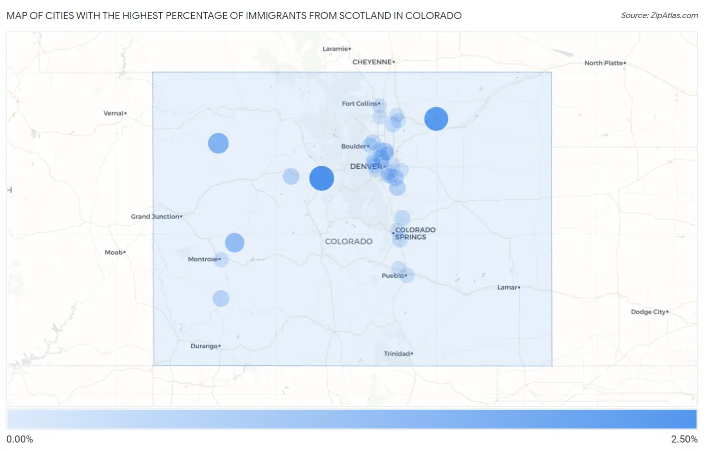 Cities with the Highest Percentage of Immigrants from Scotland in Colorado Map