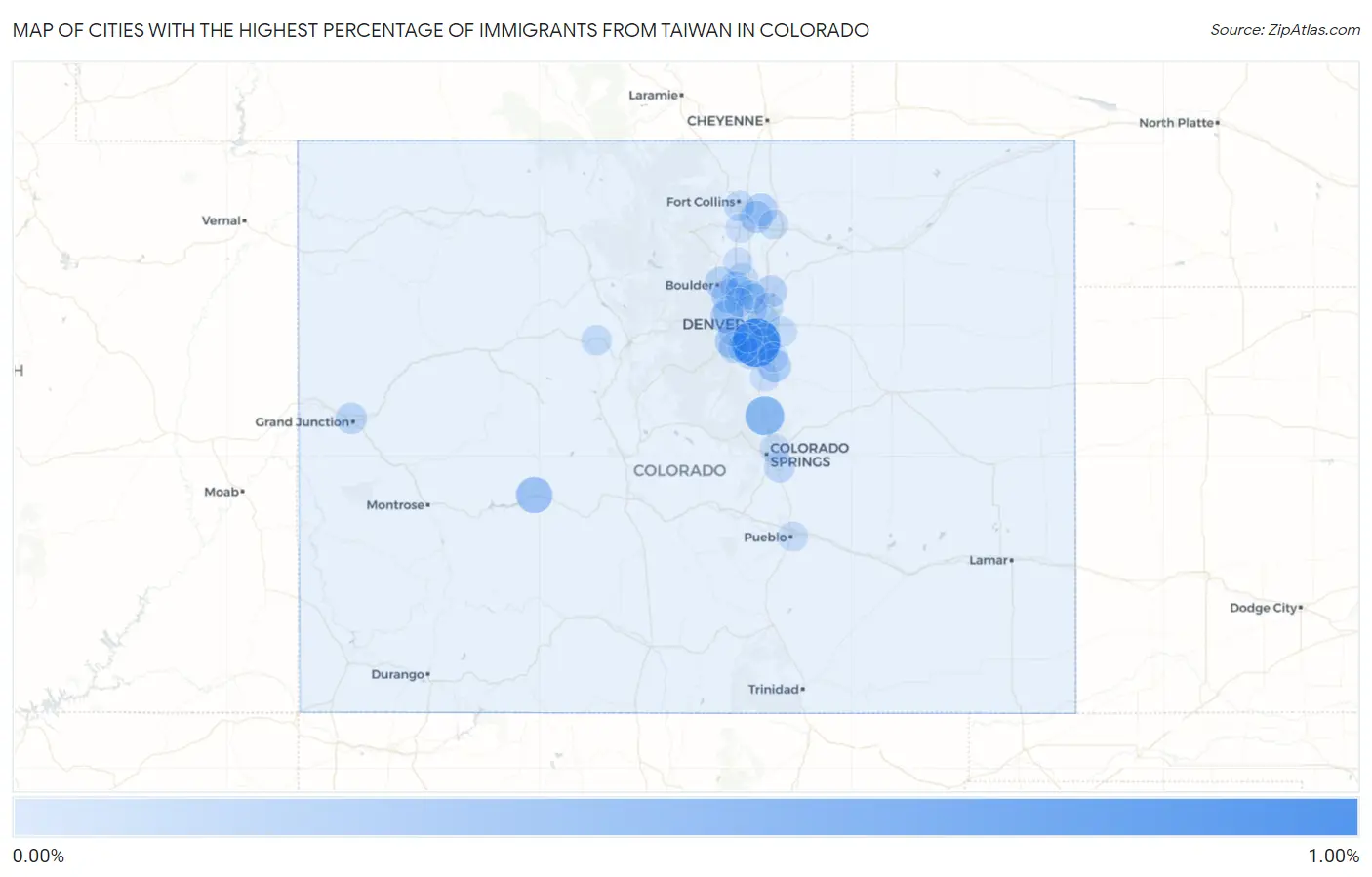 Cities with the Highest Percentage of Immigrants from Taiwan in Colorado Map
