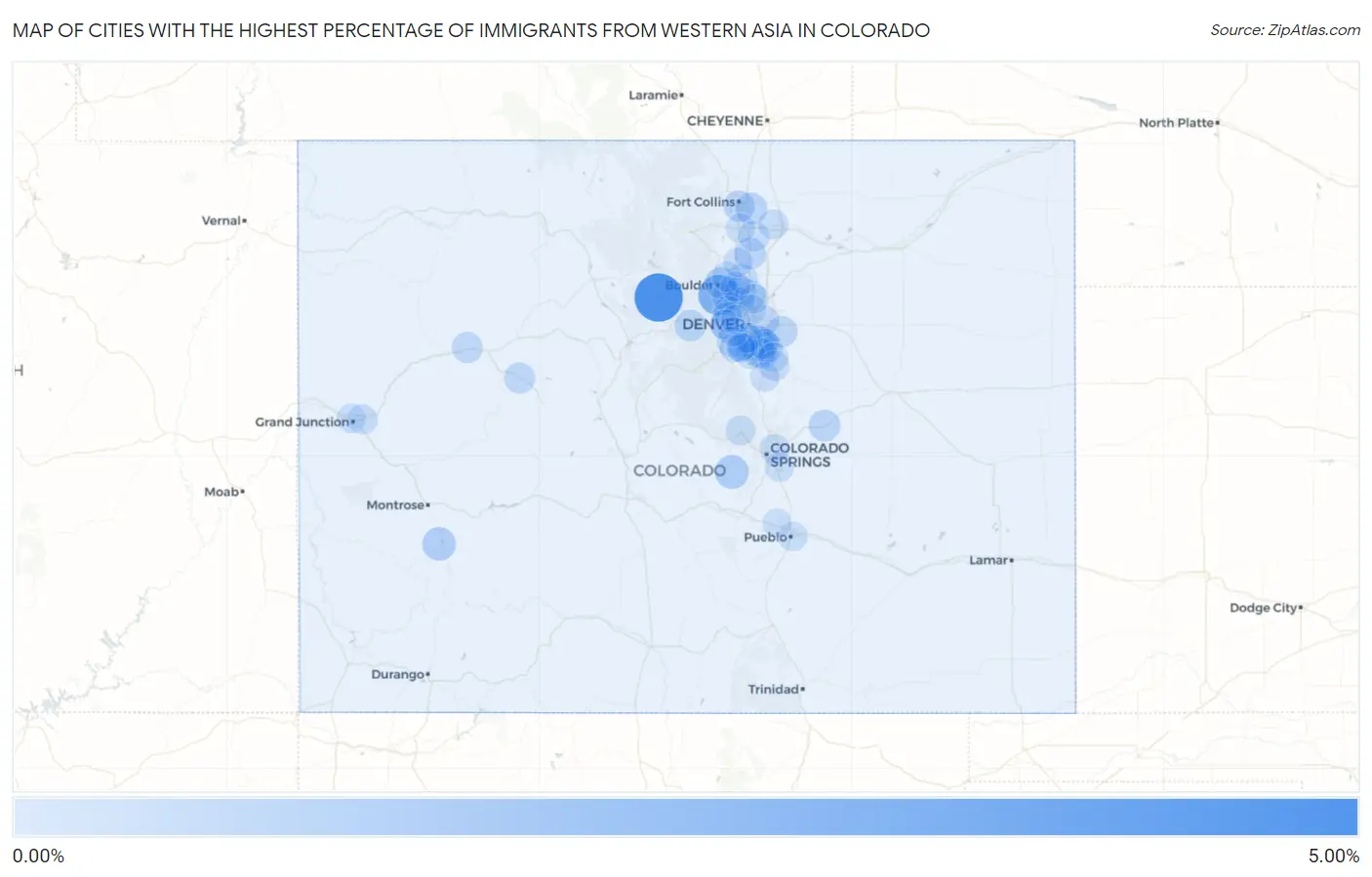 Cities with the Highest Percentage of Immigrants from Western Asia in Colorado Map