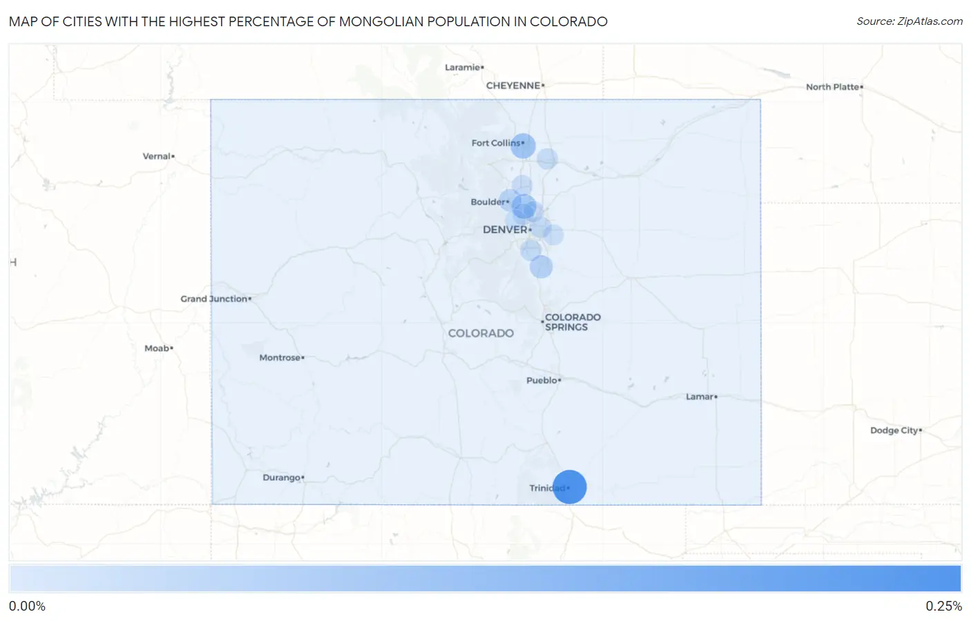 Cities with the Highest Percentage of Mongolian Population in Colorado Map