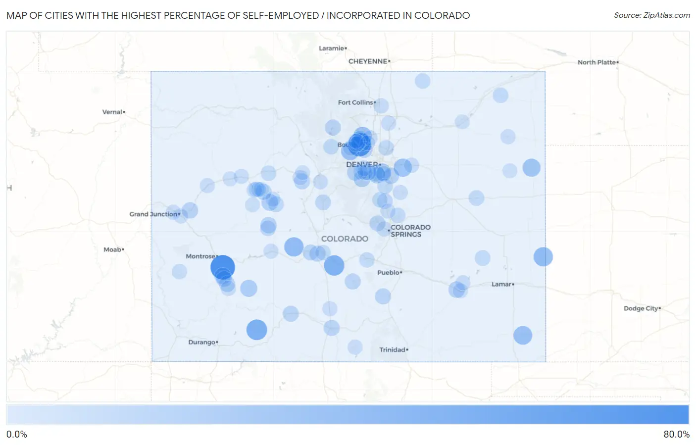 Cities with the Highest Percentage of Self-Employed / Incorporated in Colorado Map