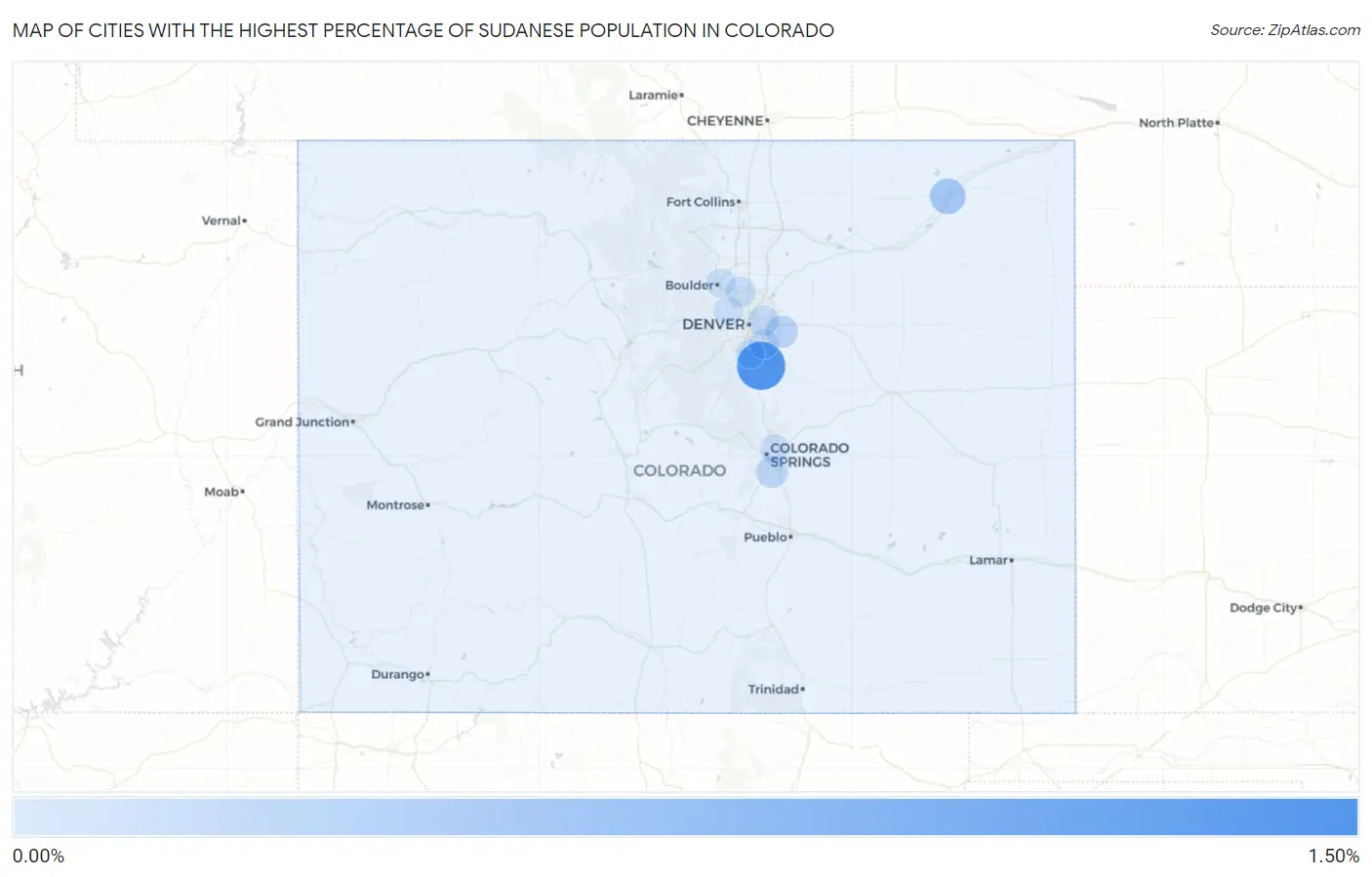 Cities with the Highest Percentage of Sudanese Population in Colorado Map