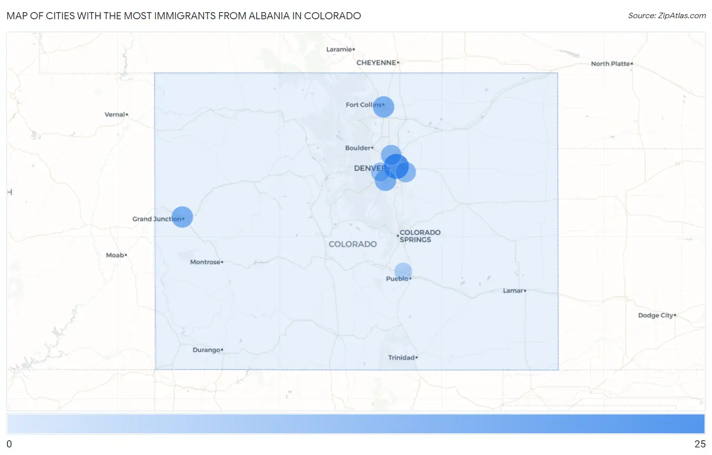 Cities with the Most Immigrants from Albania in Colorado Map