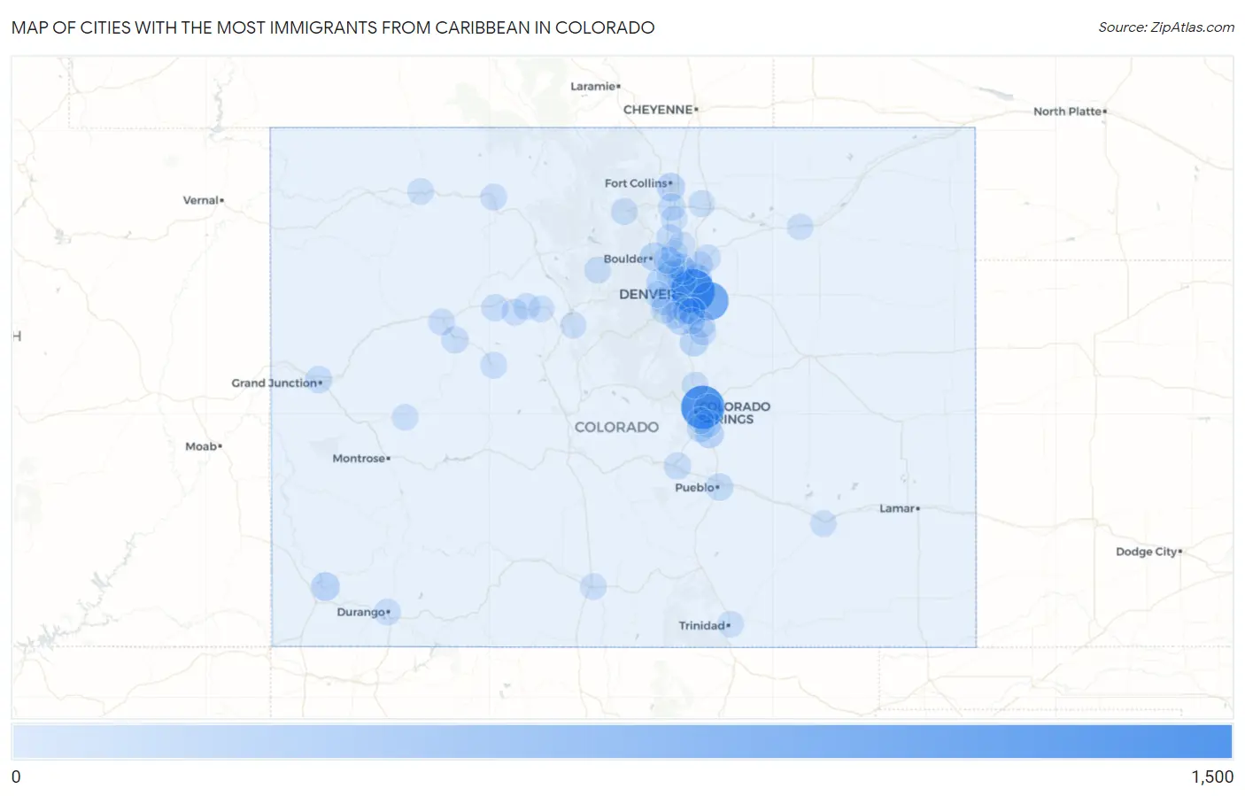 Cities with the Most Immigrants from Caribbean in Colorado Map