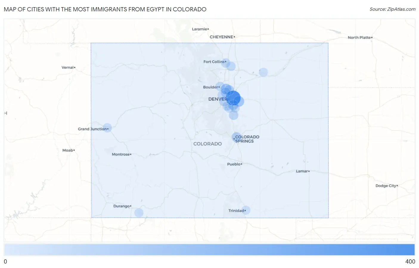 Cities with the Most Immigrants from Egypt in Colorado Map