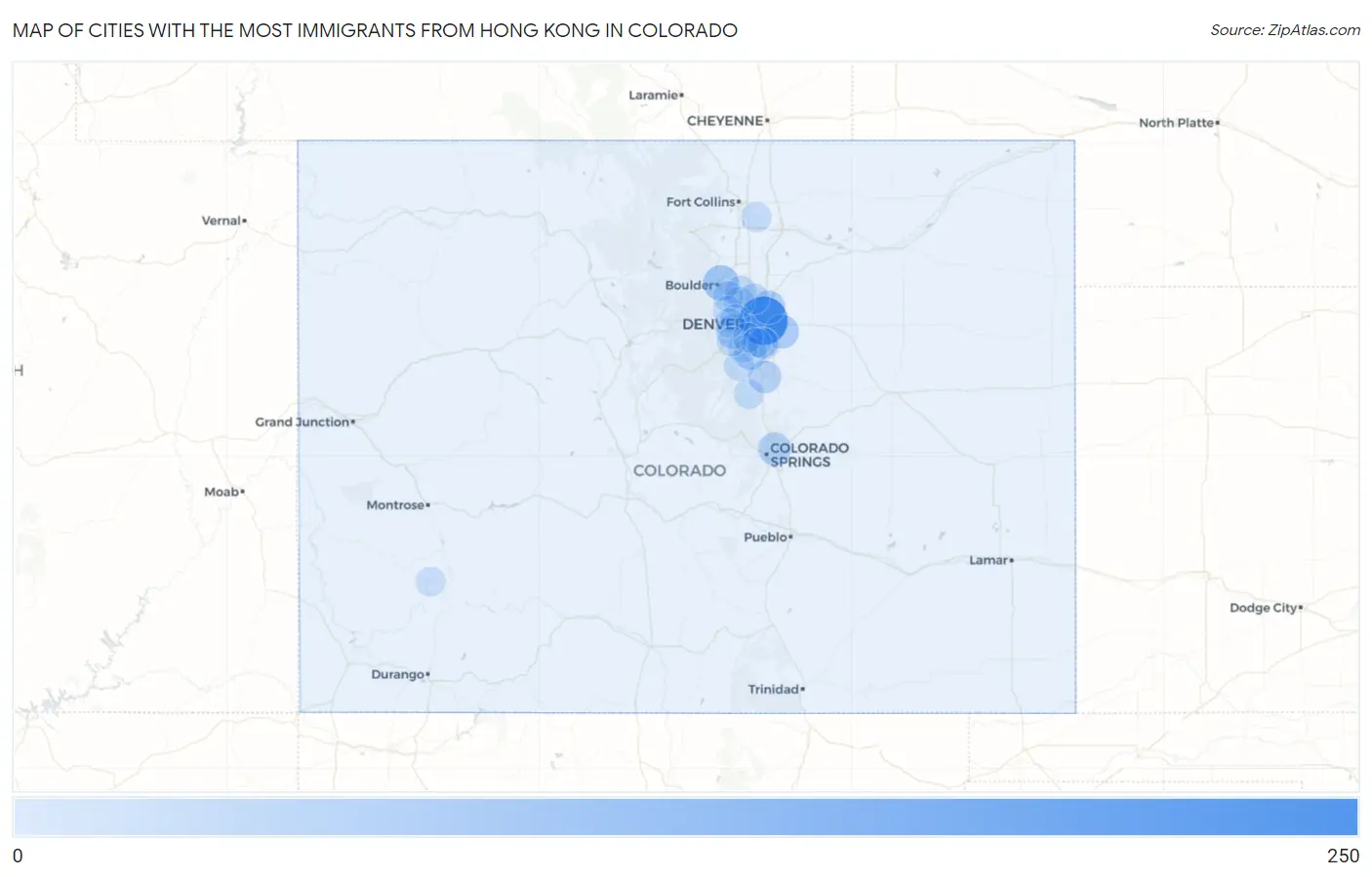 Cities with the Most Immigrants from Hong Kong in Colorado Map