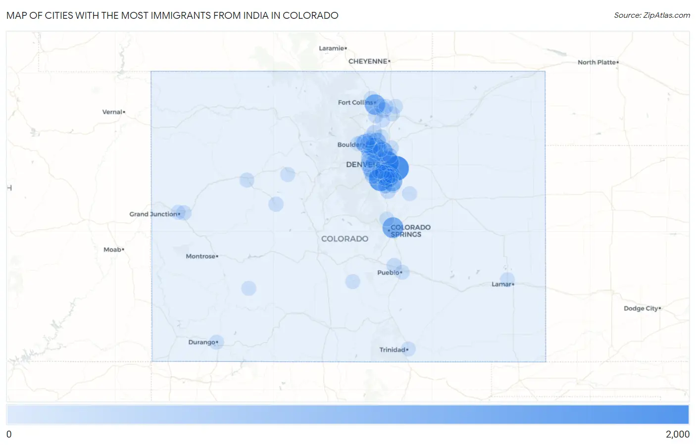 Cities with the Most Immigrants from India in Colorado Map