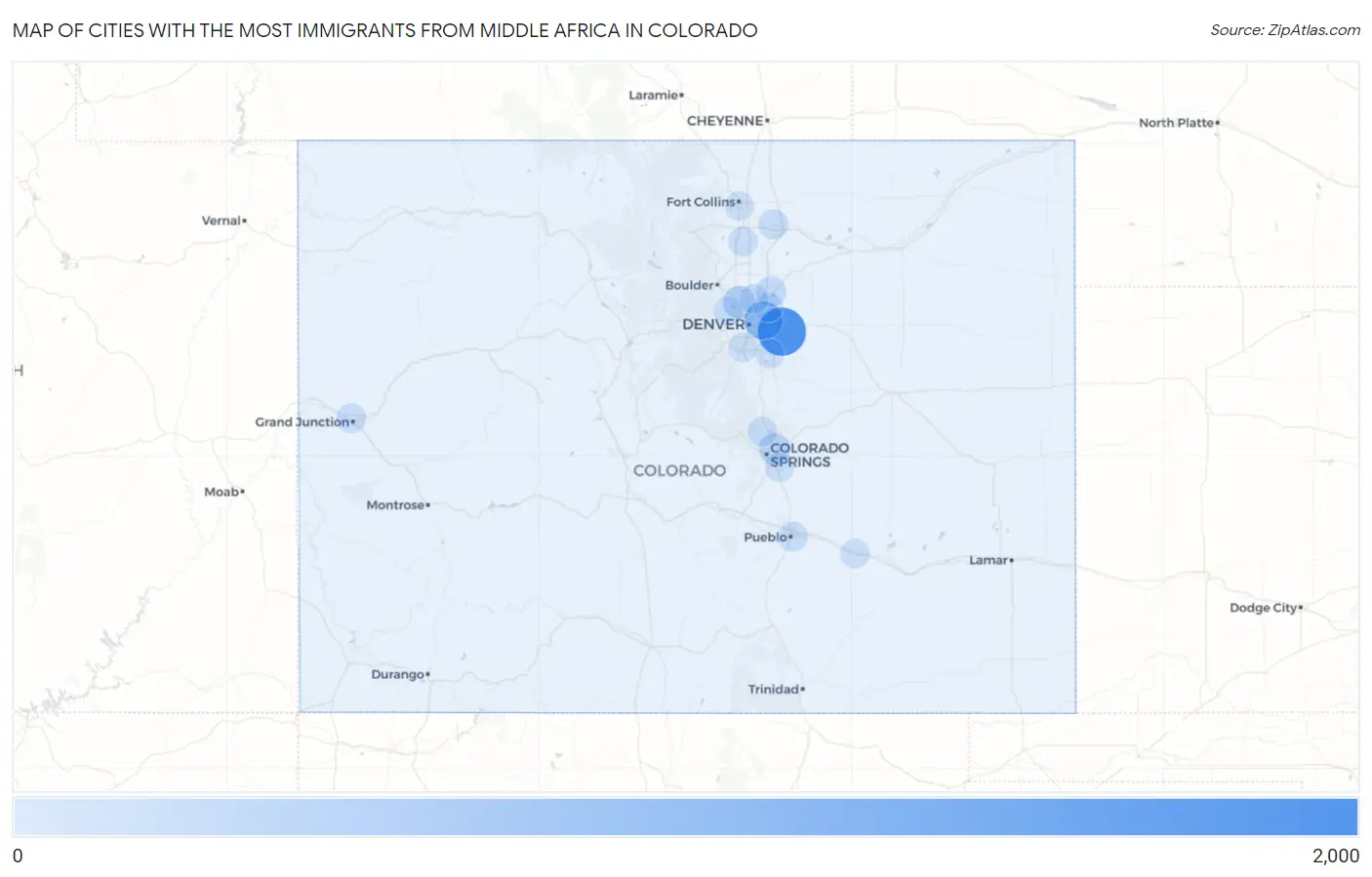 Cities with the Most Immigrants from Middle Africa in Colorado Map
