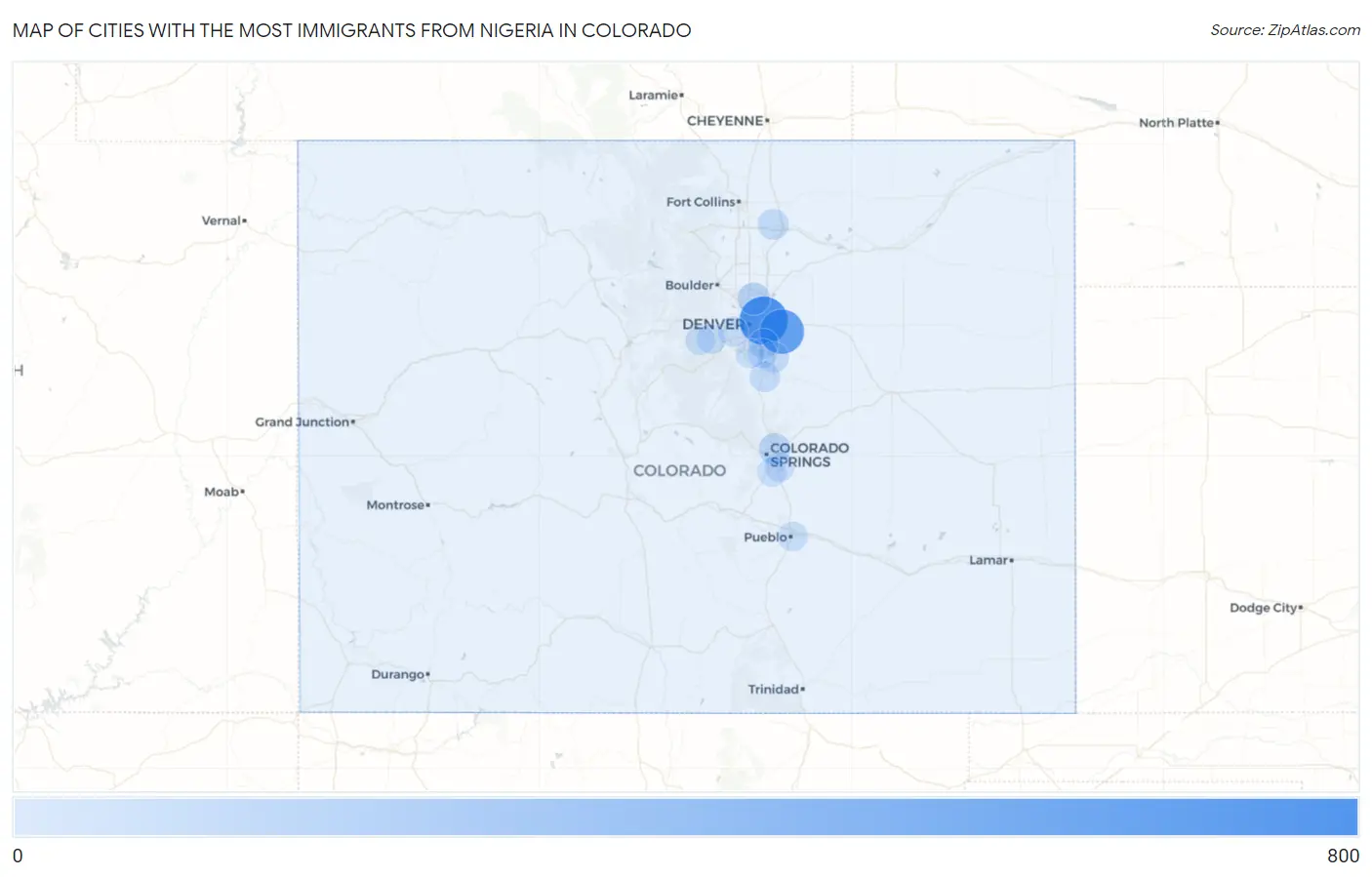 Cities with the Most Immigrants from Nigeria in Colorado Map