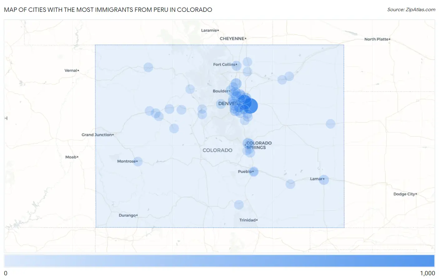 Cities with the Most Immigrants from Peru in Colorado Map