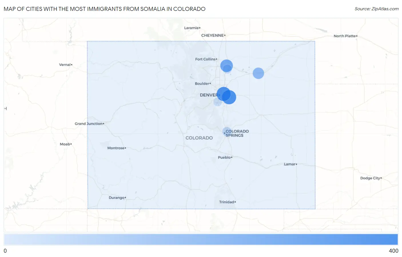 Cities with the Most Immigrants from Somalia in Colorado Map