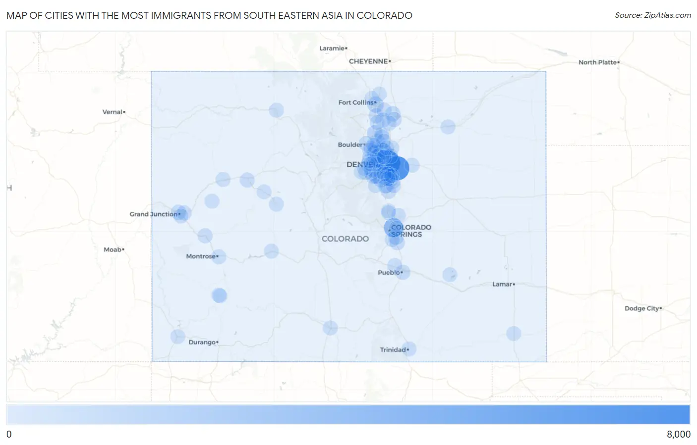 Cities with the Most Immigrants from South Eastern Asia in Colorado Map