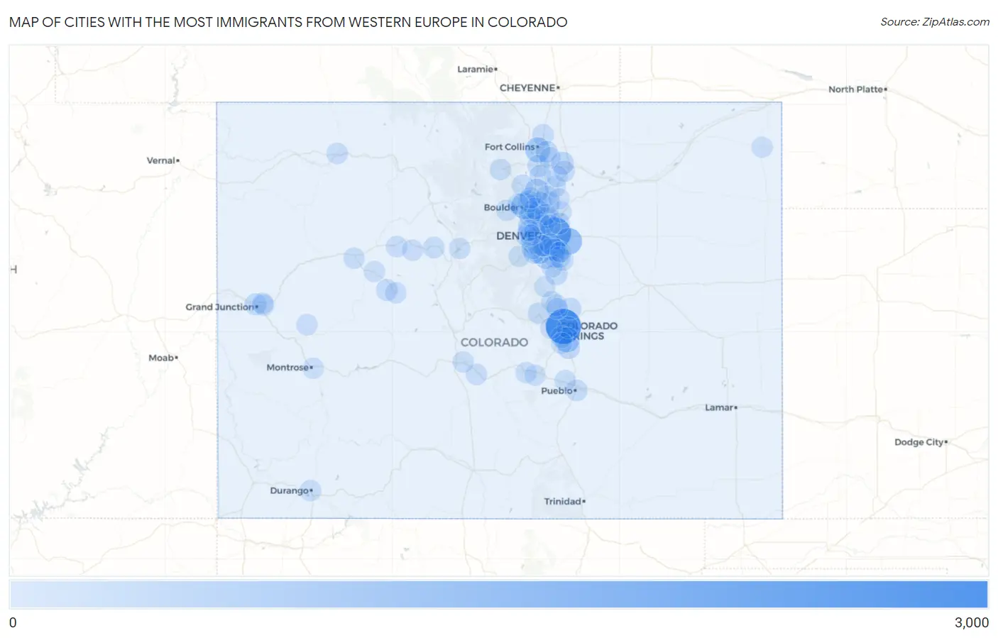 Cities with the Most Immigrants from Western Europe in Colorado Map
