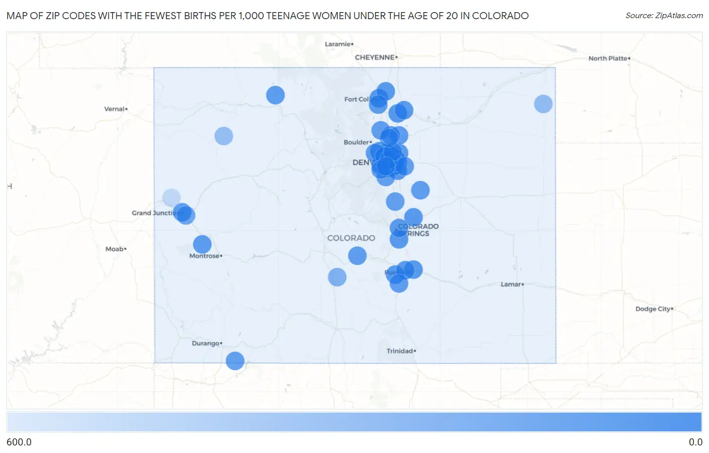 Zip Codes with the Fewest Births per 1,000 Teenage Women Under the Age of 20 in Colorado Map