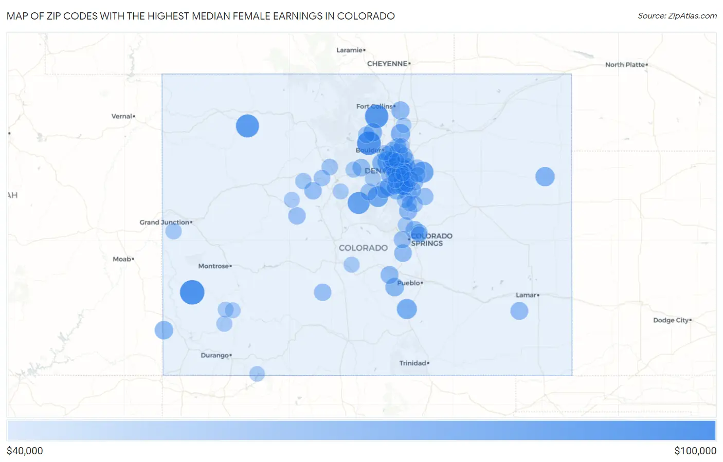 Zip Codes with the Highest Median Female Earnings in Colorado Map