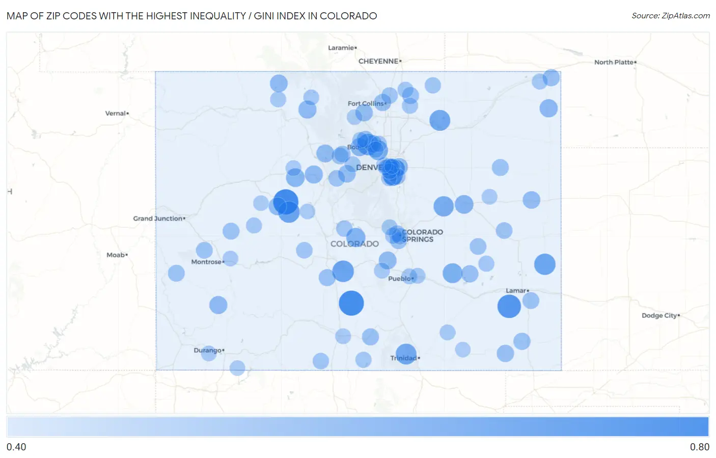 Zip Codes with the Highest Inequality / Gini Index in Colorado Map