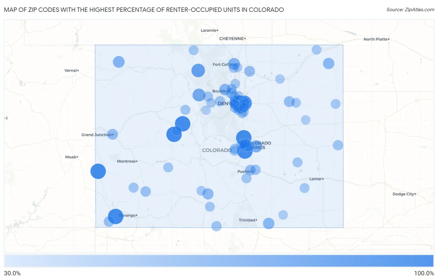 Zip Codes with the Highest Percentage of Renter-Occupied Units in Colorado Map