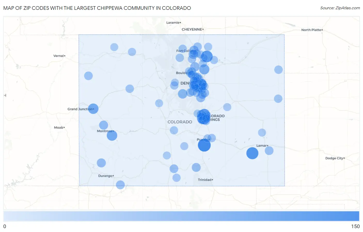 Zip Codes with the Largest Chippewa Community in Colorado Map