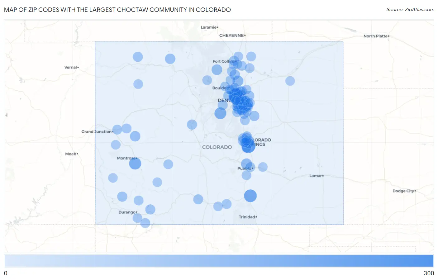 Zip Codes with the Largest Choctaw Community in Colorado Map