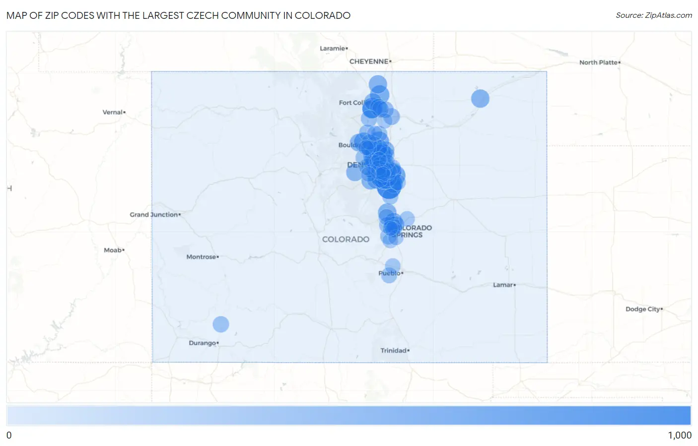 Zip Codes with the Largest Czech Community in Colorado Map