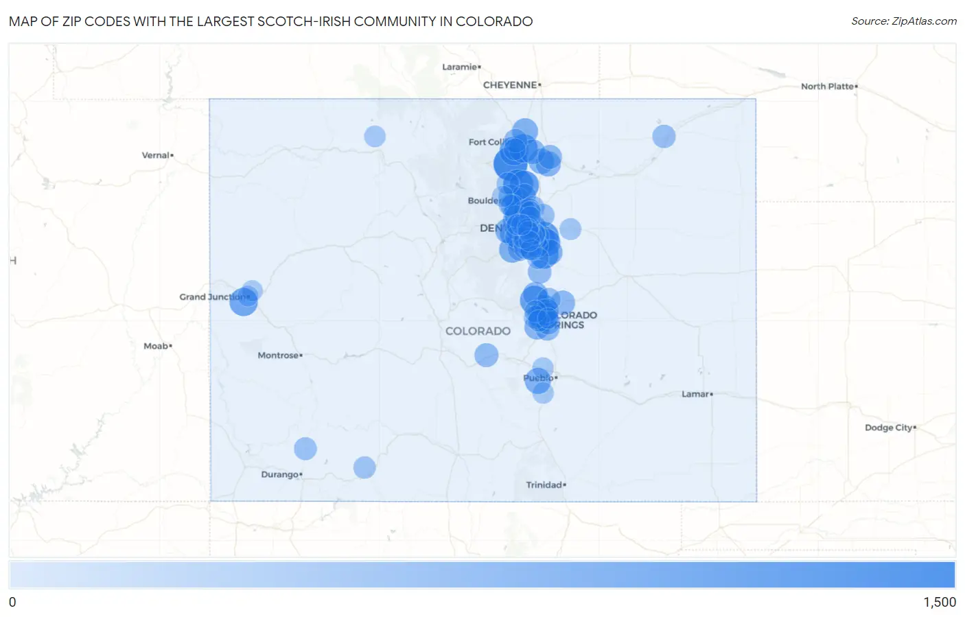 Zip Codes with the Largest Scotch-Irish Community in Colorado Map