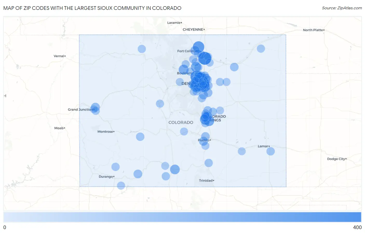 Zip Codes with the Largest Sioux Community in Colorado Map