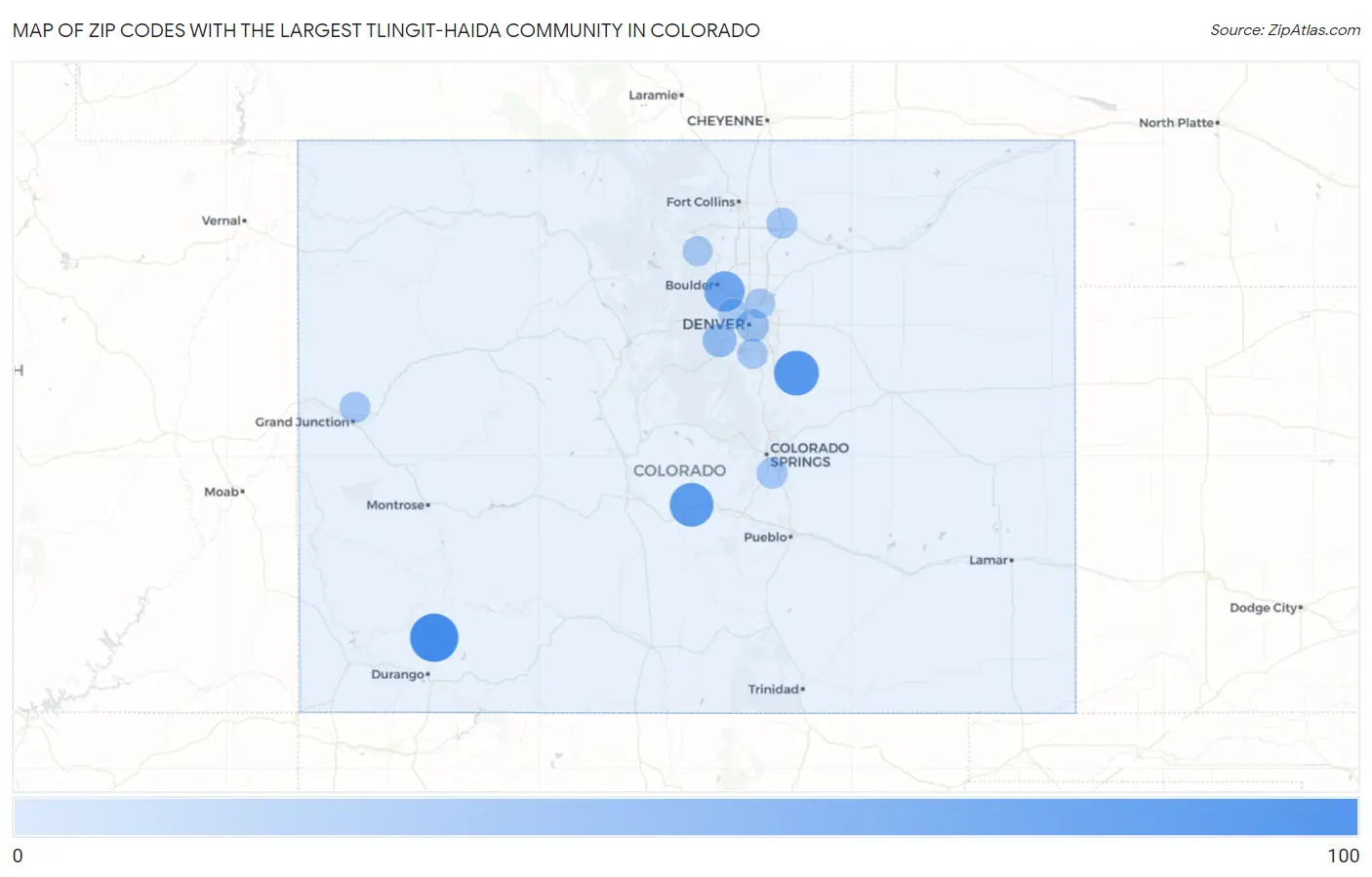 Zip Codes with the Largest Tlingit-Haida Community in Colorado Map