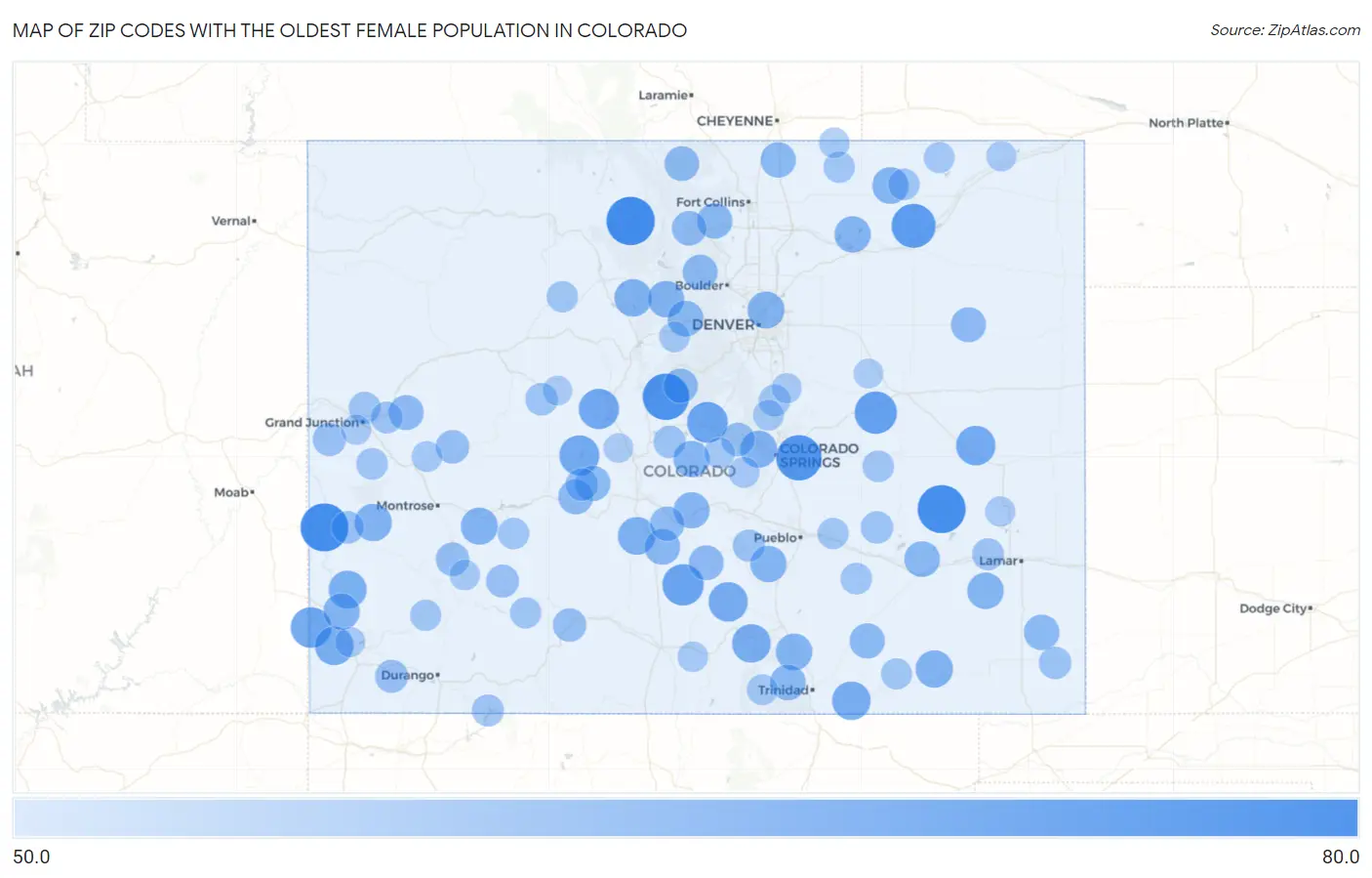 Zip Codes with the Oldest Female Population in Colorado Map