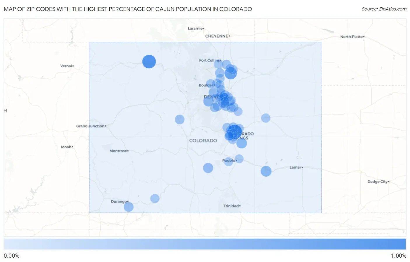 Zip Codes with the Highest Percentage of Cajun Population in Colorado Map