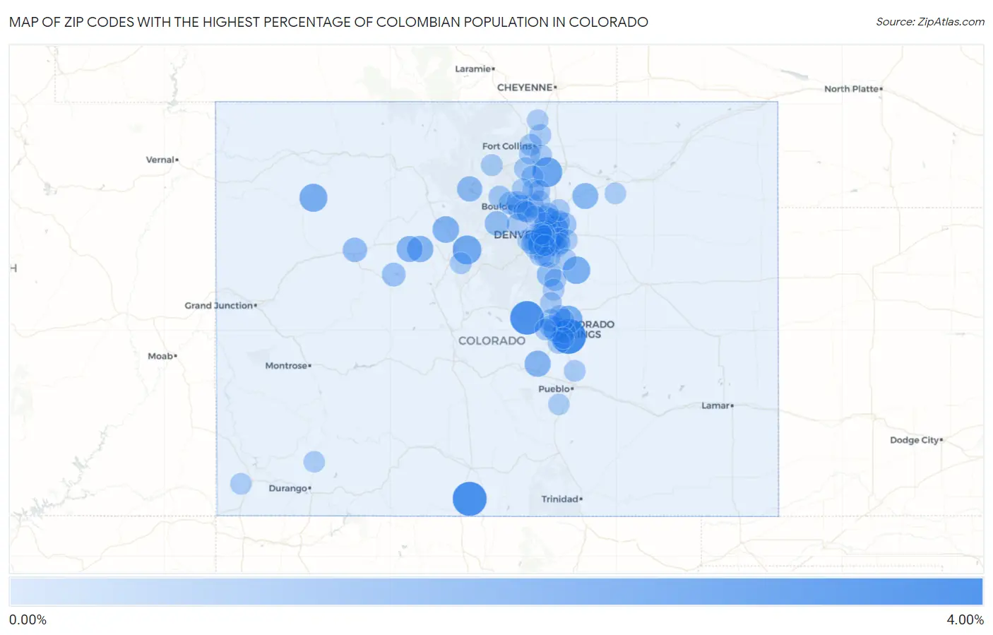 Zip Codes with the Highest Percentage of Colombian Population in Colorado Map