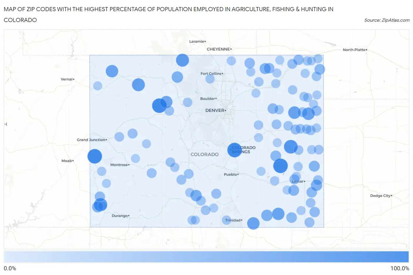 Zip Codes with the Highest Percentage of Population Employed in Agriculture, Fishing & Hunting in Colorado Map