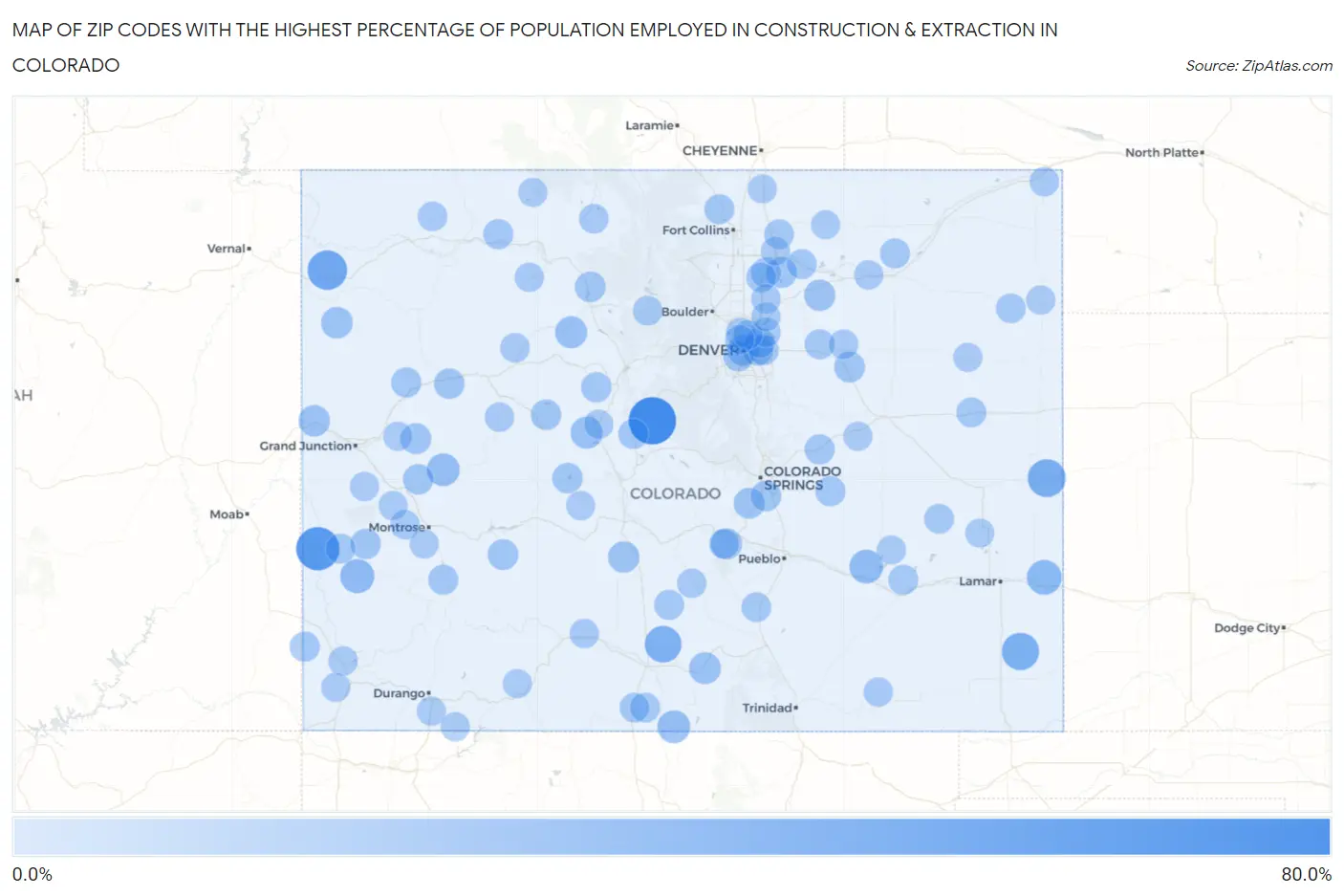 Zip Codes with the Highest Percentage of Population Employed in Construction & Extraction in Colorado Map