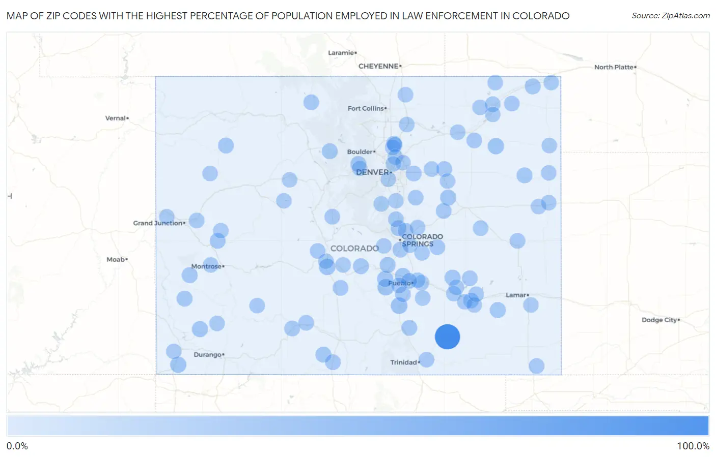 Zip Codes with the Highest Percentage of Population Employed in Law Enforcement in Colorado Map