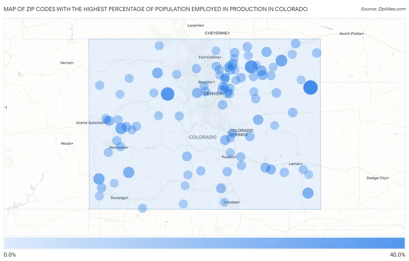 Zip Codes with the Highest Percentage of Population Employed in Production in Colorado Map