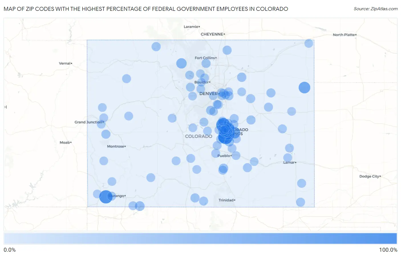 Zip Codes with the Highest Percentage of Federal Government Employees in Colorado Map
