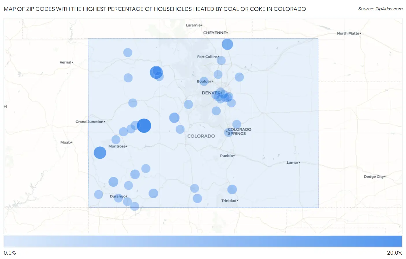 Zip Codes with the Highest Percentage of Households Heated by Coal or Coke in Colorado Map