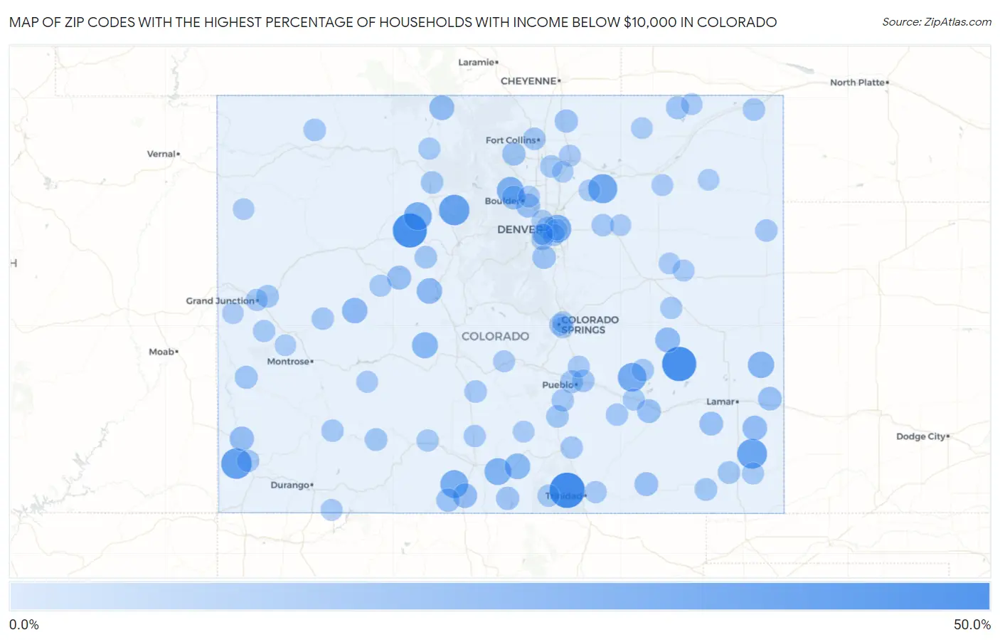 Zip Codes with the Highest Percentage of Households with Income Below $10,000 in Colorado Map