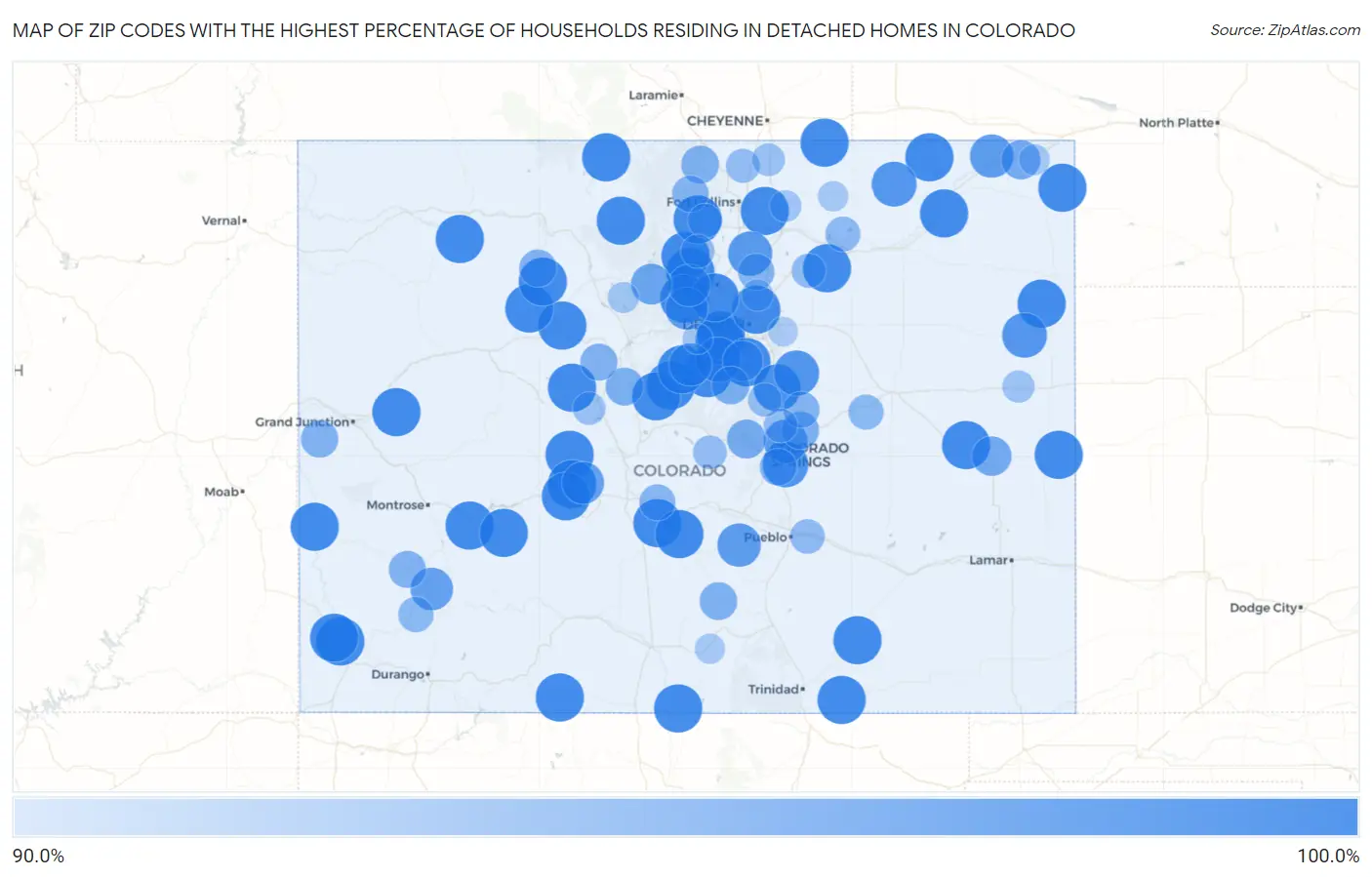 Zip Codes with the Highest Percentage of Households Residing in Detached Homes in Colorado Map