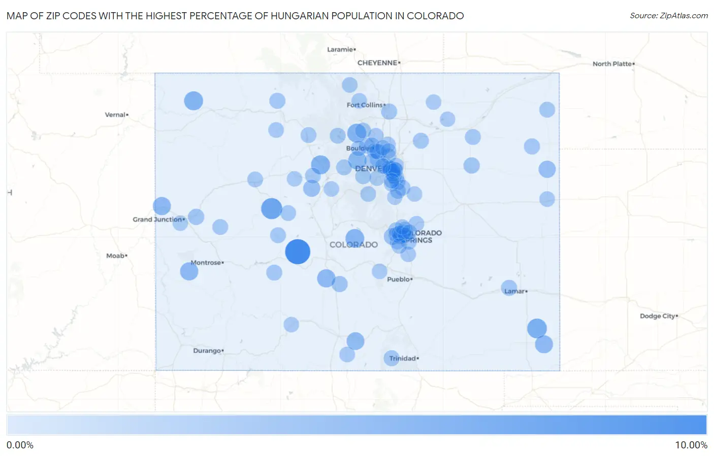 Zip Codes with the Highest Percentage of Hungarian Population in Colorado Map
