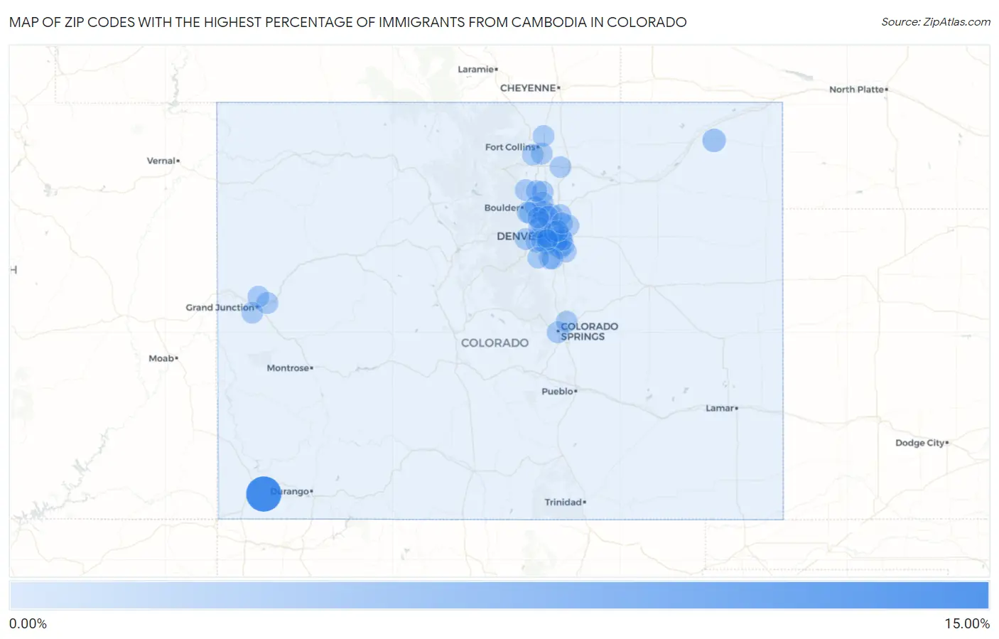 Zip Codes with the Highest Percentage of Immigrants from Cambodia in Colorado Map