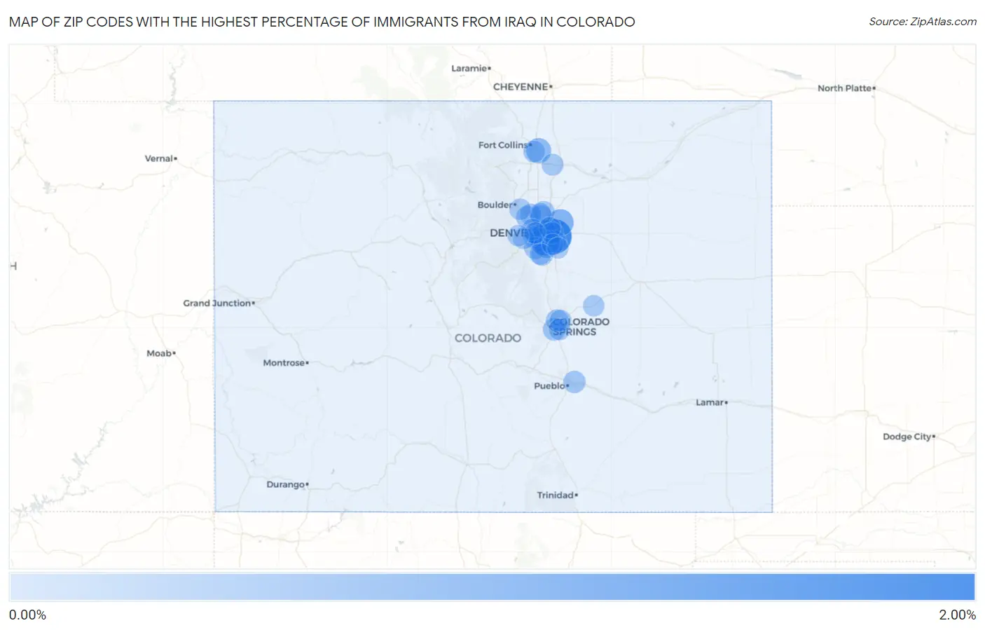 Zip Codes with the Highest Percentage of Immigrants from Iraq in Colorado Map