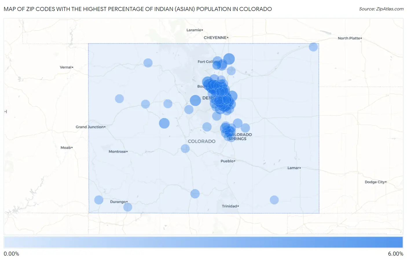Zip Codes with the Highest Percentage of Indian (Asian) Population in Colorado Map