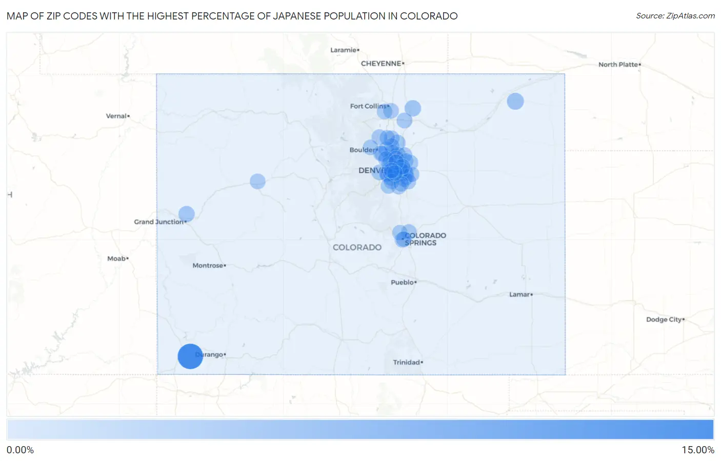 Zip Codes with the Highest Percentage of Japanese Population in Colorado Map