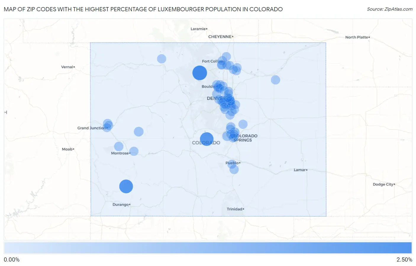 Zip Codes with the Highest Percentage of Luxembourger Population in Colorado Map