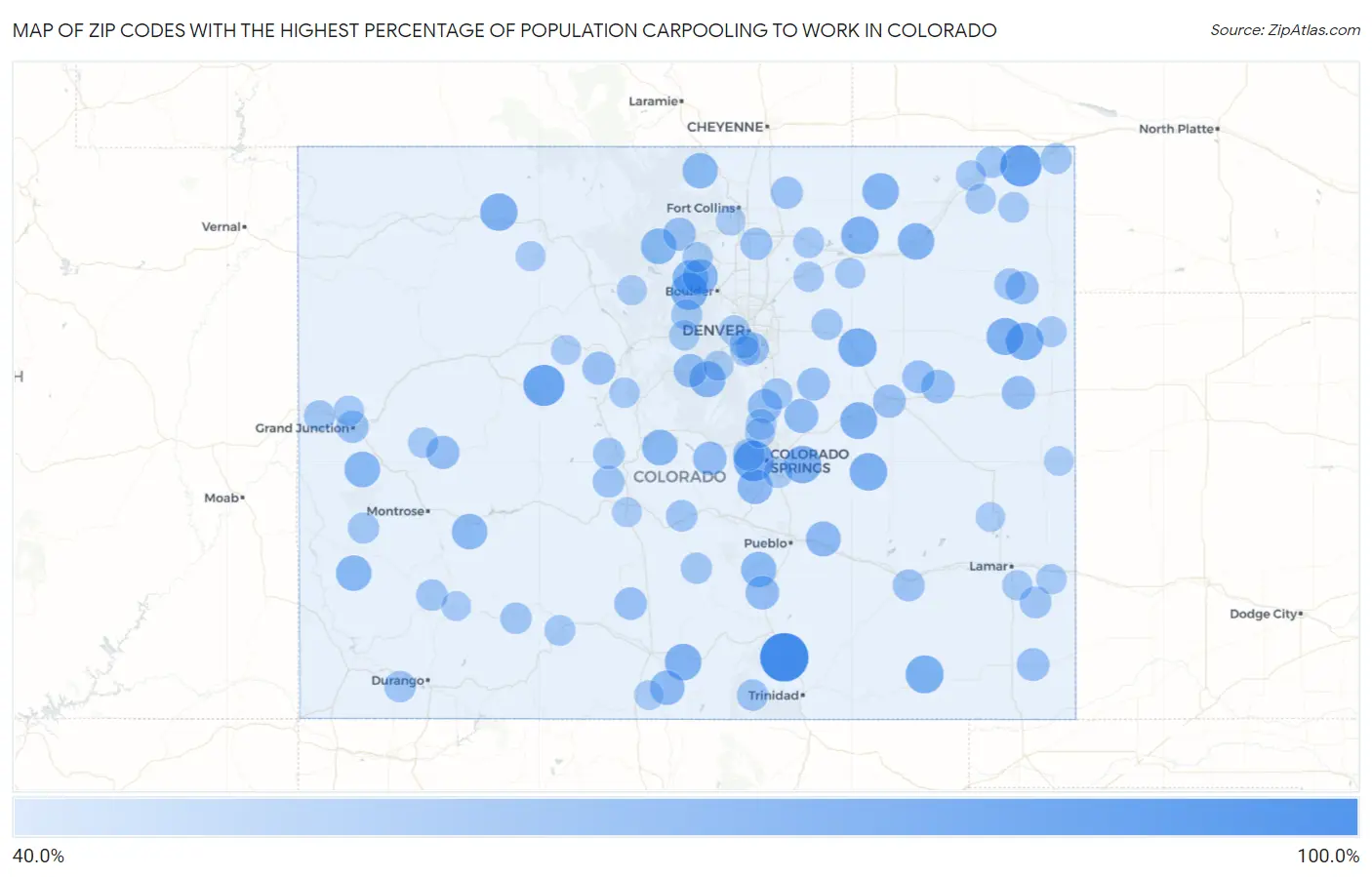 Zip Codes with the Highest Percentage of Population Carpooling to Work in Colorado Map