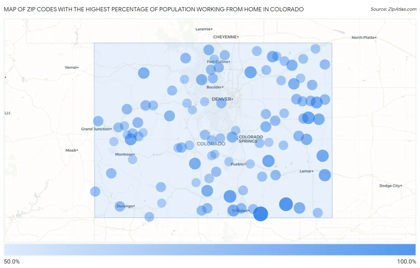 Zip Codes with the Highest Percentage of Population Working from Home in Colorado Map